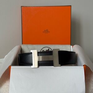 Hermes Reversible Solid Black Belt Silver Buckle Size 95 Fits Mens Waist 34-36